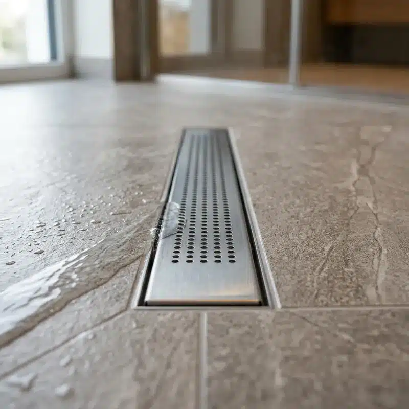 Caniveau linéaire inox affleurant d'une douche à l'italienne avec pente maîtrisée et étanchéité garantie par Excellence Bâti Rénov à Maisons-Laffitte
