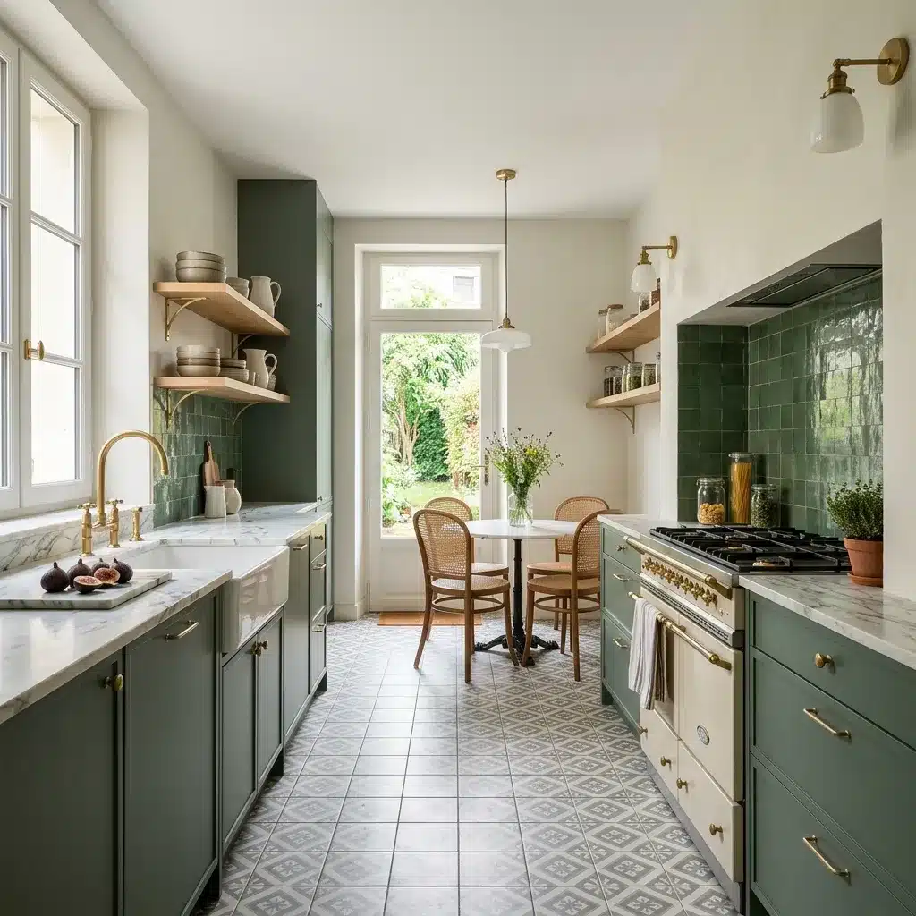 Cuisine après rénovation à Fontenay-sous-Bois : cuisine vert sauge avec crédence zellige et robinetterie laiton par Excellence Bâti Rénov