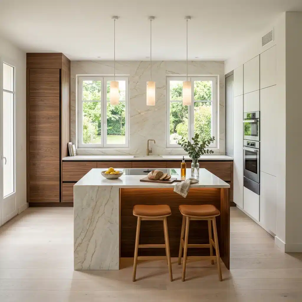 Cuisine après rénovation à Neuilly-sur-Seine : cuisine minimaliste en noyer avec îlot en quartzite par Excellence Bâti Rénov
