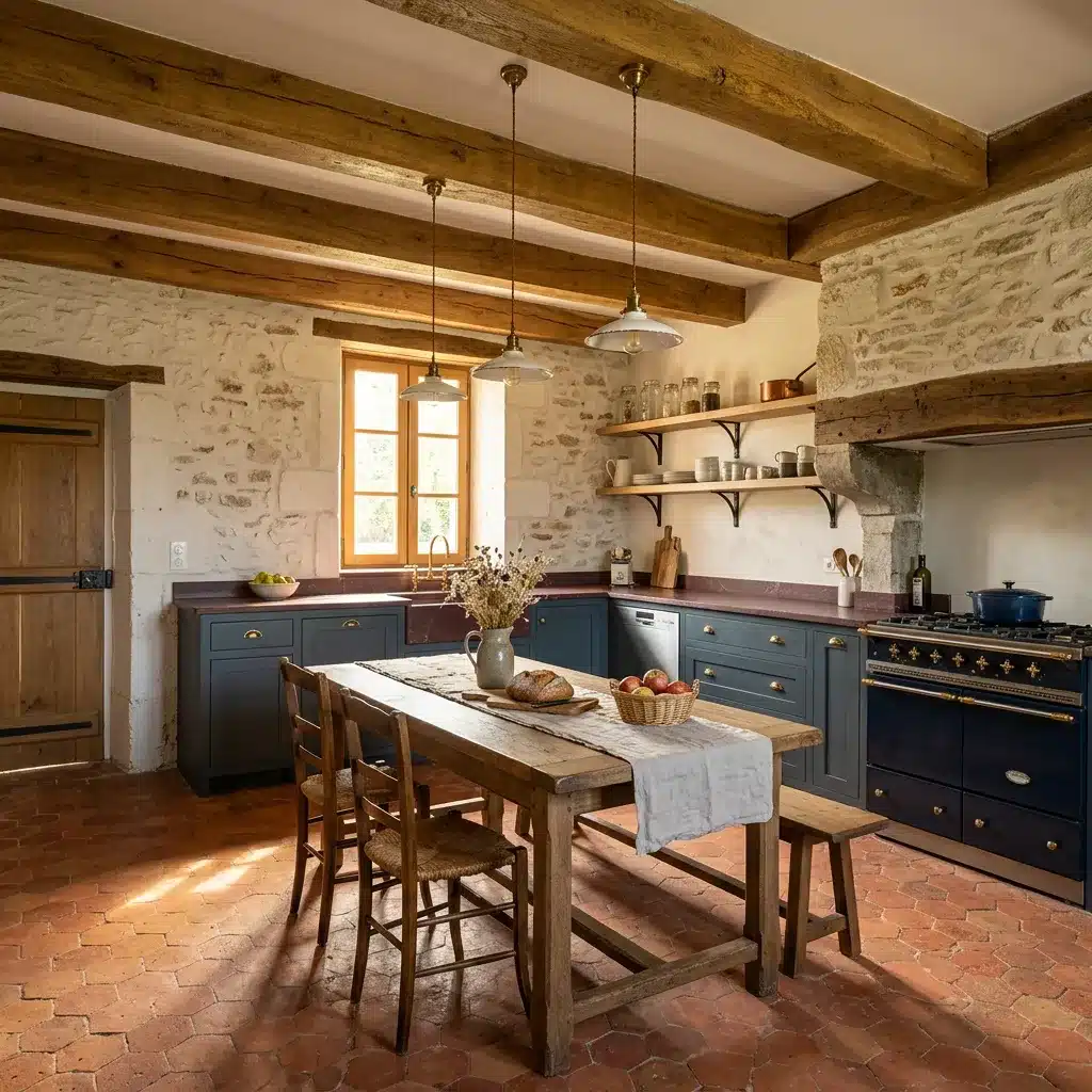 Cuisine après rénovation à Nogent-sur-Marne : cuisine campagne chic bleu nuit avec poutres et pierres apparentes par Excellence Bâti Rénov
