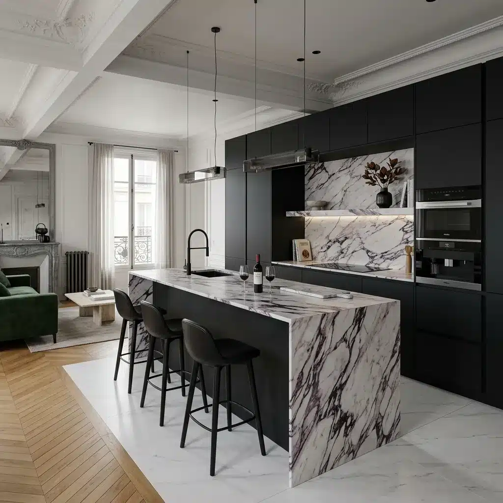 Cuisine après rénovation à Paris 75015 : cuisine ouverte noir mat avec îlot central en marbre par Excellence Bâti Rénov