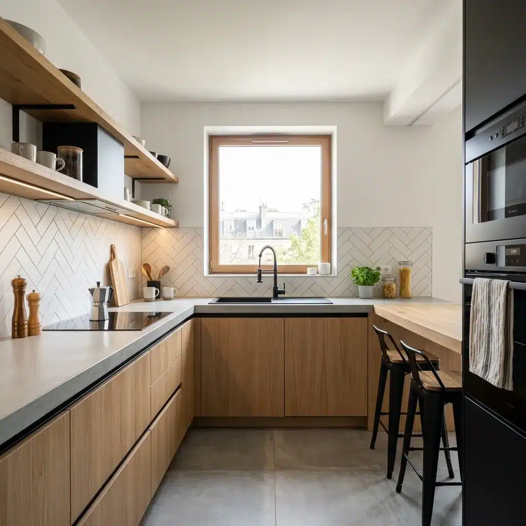 Cuisine après rénovation à Paris 75017 : cuisine scandinave chêne clair et noir avec crédence chevrons par Excellence Bâti Rénov