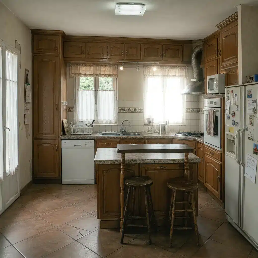 Cuisine avant rénovation à Neuilly-sur-Seine : meubles en chêne verni des années 90 et îlot rustique