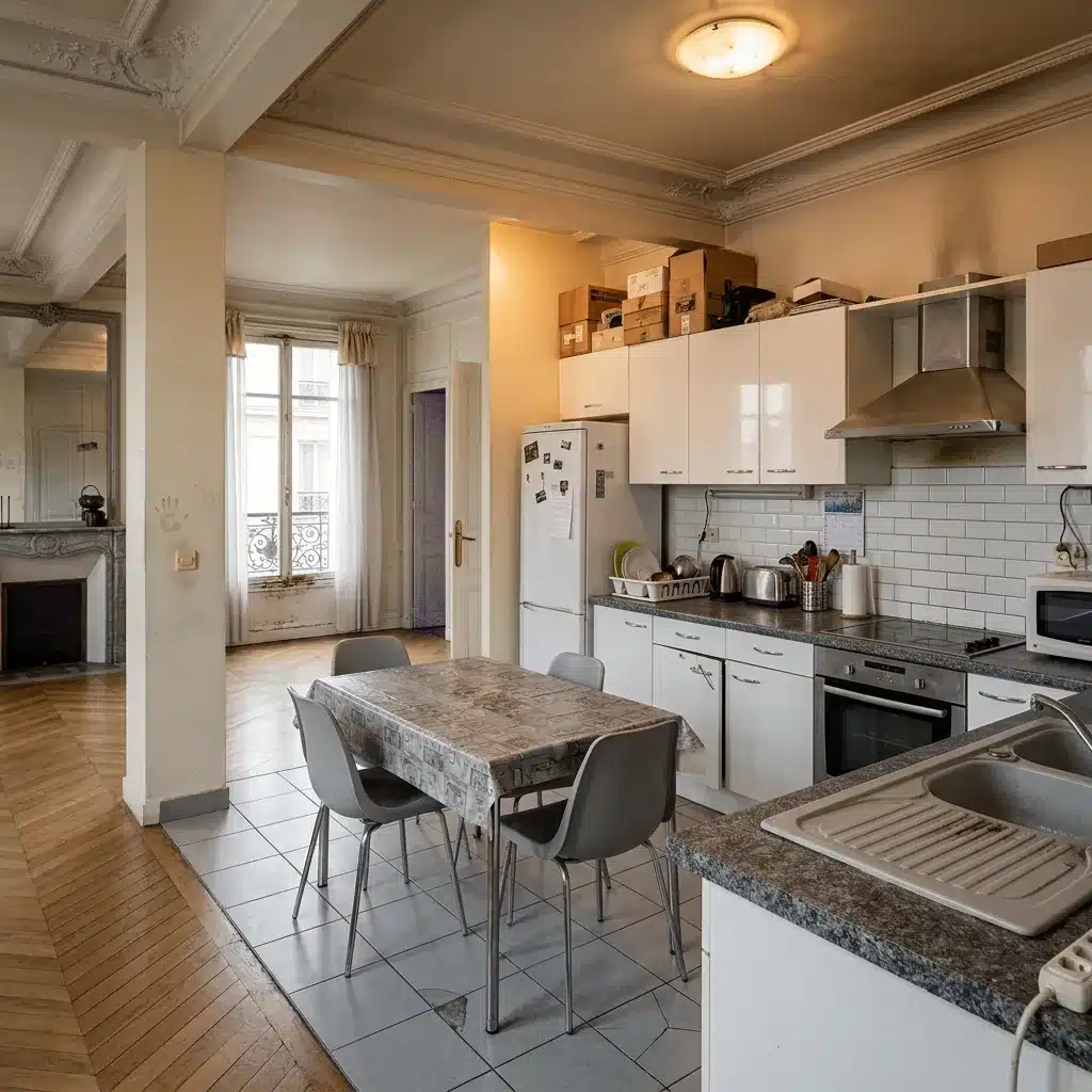 Cuisine avant rénovation à Paris 75015 : cuisine fermée blanc-gris dans un appartement haussmannien