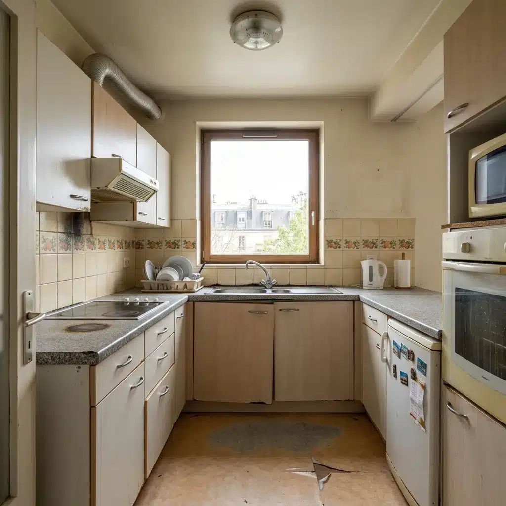 Cuisine avant rénovation à Paris 75017 : cuisine d'appartement fatiguée avec meubles abîmés