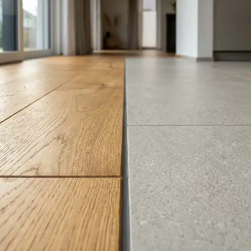 Jonction parfaite entre parquet chêne et carrelage effet pierre sans barre de seuil réalisée par Excellence Bâti Rénov à Paris 75008