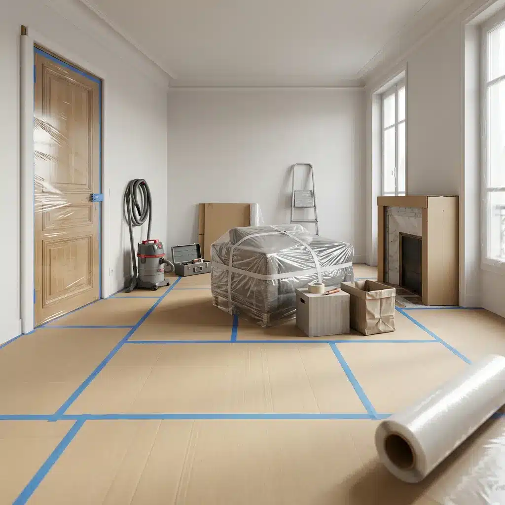 Protection complète d'un chantier de rénovation : sols protégés et mobilier filmé par Excellence Bâti Rénov