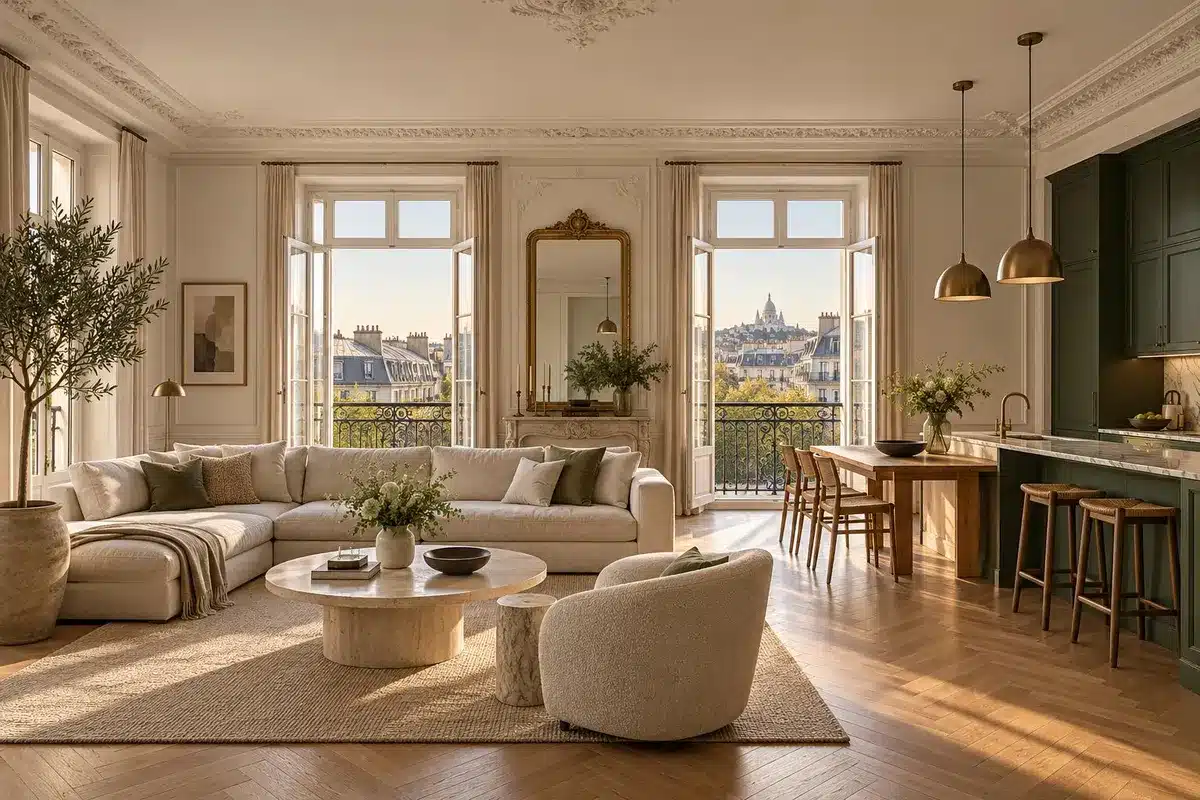 Rénovation complète d'un appartement haussmannien à Paris : séjour et cuisine ouverte vert sauge avec parquet point de Hongrie par Excellence Bâti Rénov