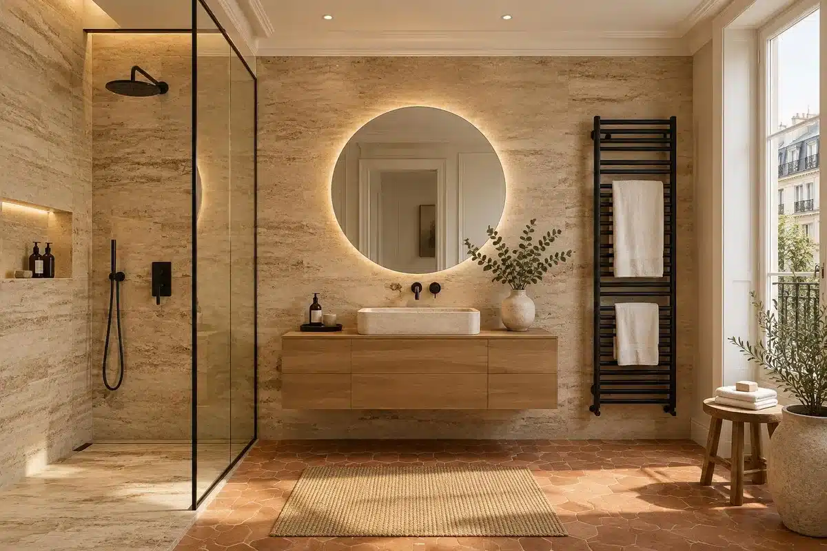 Rénovation de salle de bain à Paris : douche à l'italienne en travertin avec robinetterie noir mat par Excellence Bâti Rénov