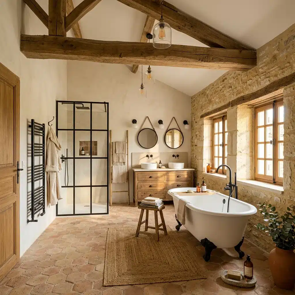 Salle de bain après rénovation à Charenton-le-Pont : salle de bain campagne chic avec baignoire îlot, poutres et pierres apparentes par Excellence Bâti Rénov
