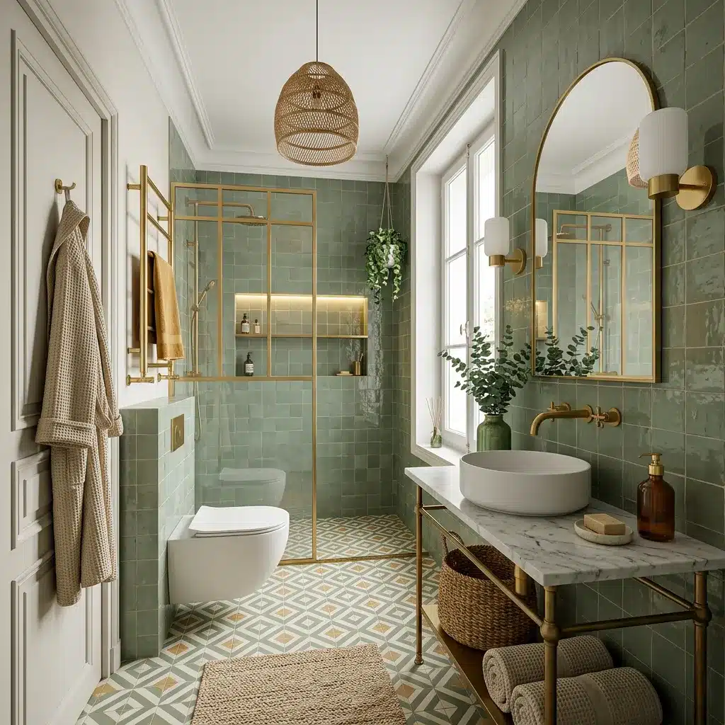 Salle de bain après rénovation à Levallois-Perret : spa vert sauge avec zellige, verrière laiton et console marbre par Excellence Bâti Rénov