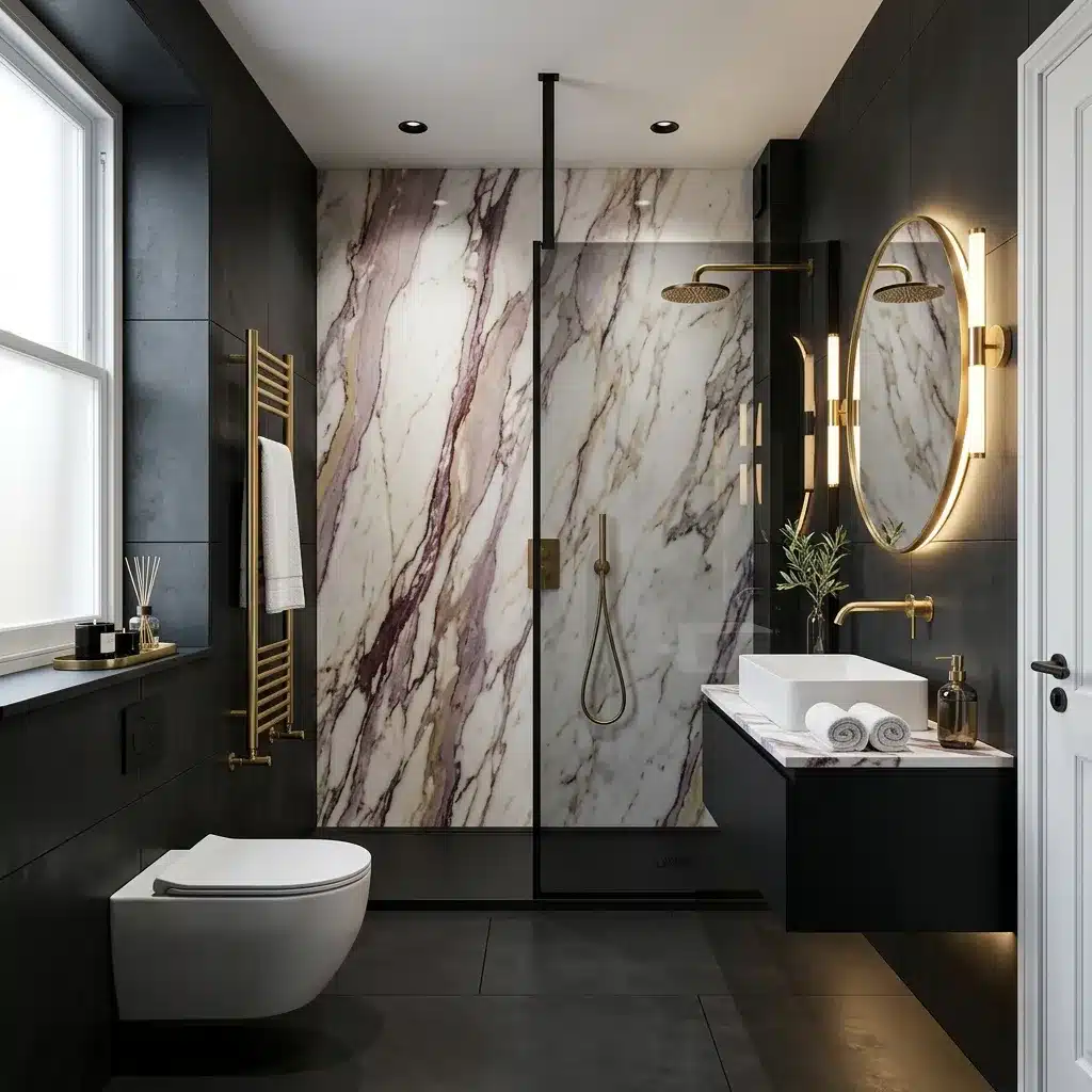 Salle de bain après rénovation à Paris 75012 : douche à l'italienne noir mat et marbre Calacatta par Excellence Bâti Rénov