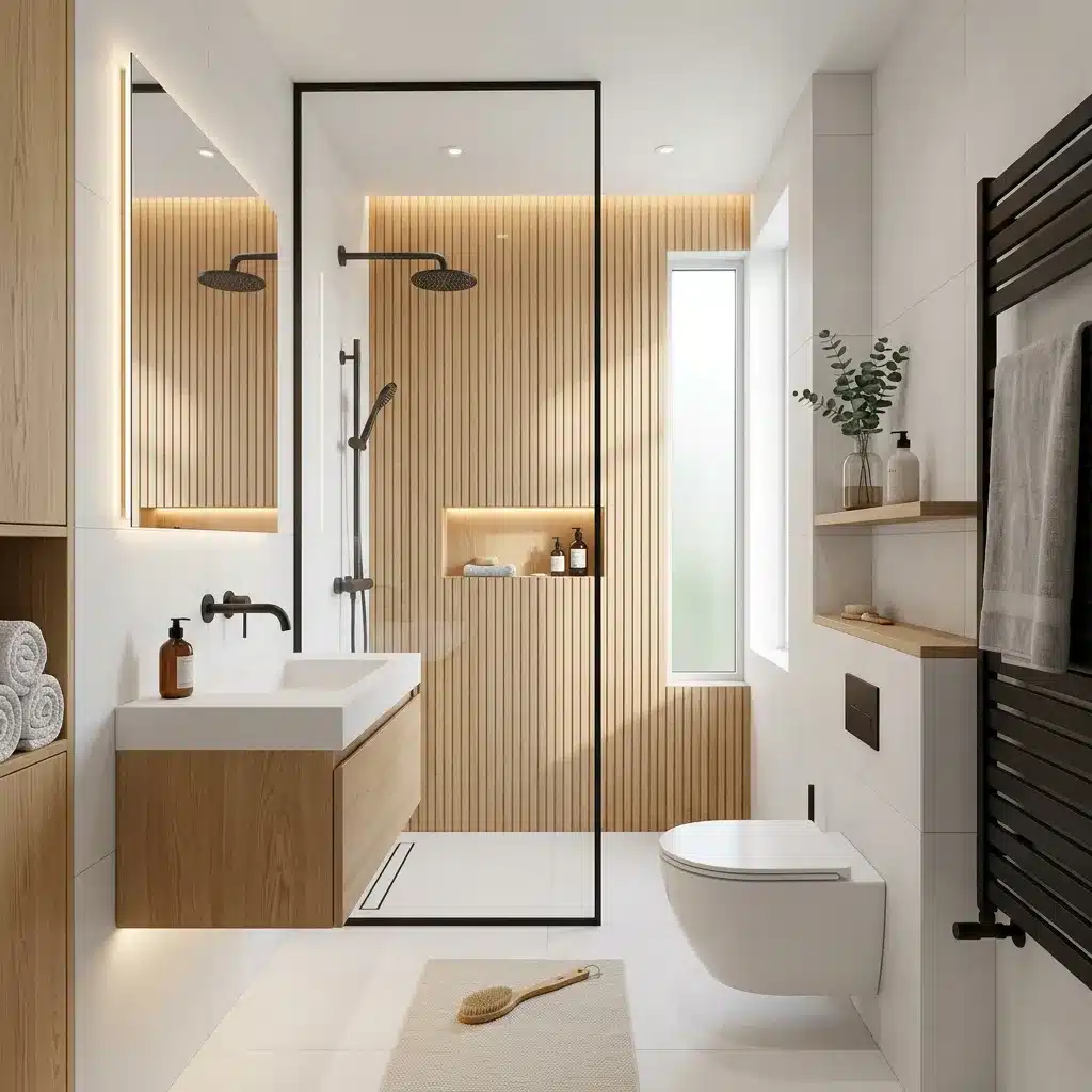 Salle de bain après rénovation à Paris 75018 : petite salle d'eau optimisée bois et blanc avec douche à l'italienne par Excellence Bâti Rénov