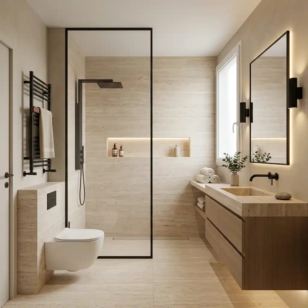 Salle de bain après rénovation à Versailles : spa minéral en travertin avec douche à l'italienne et robinetterie noir mat par Excellence Bâti Rénov