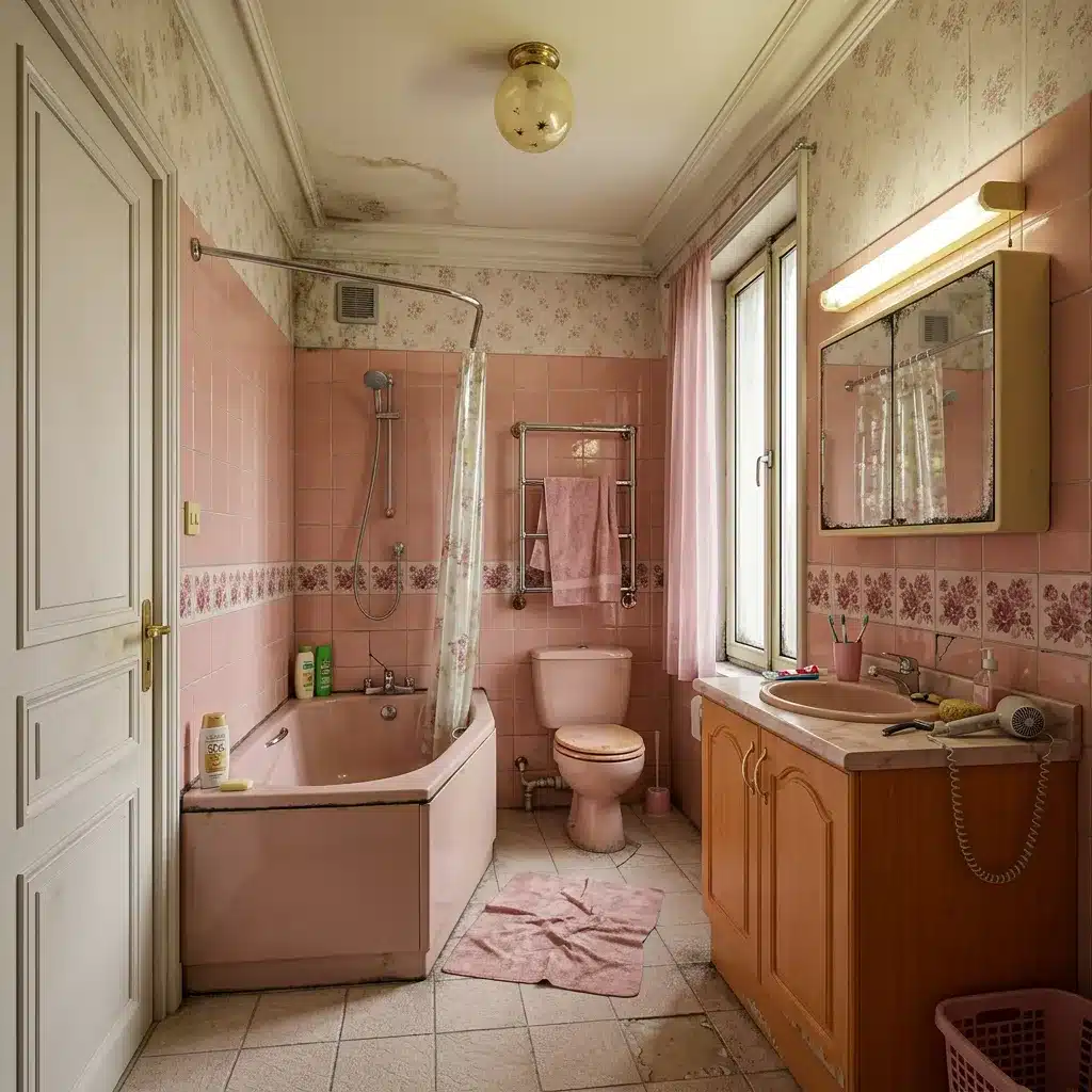 Salle de bain avant rénovation à Levallois-Perret : baignoire rose et faïence fleurie des années 80