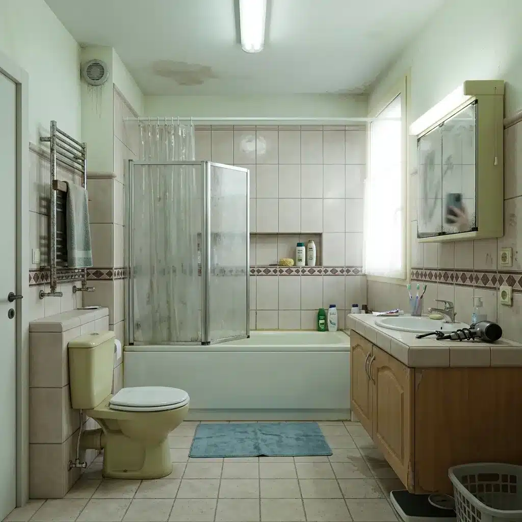 Salle de bain avant rénovation à Versailles : carrelage beige des années 90 et baignoire vieillissante