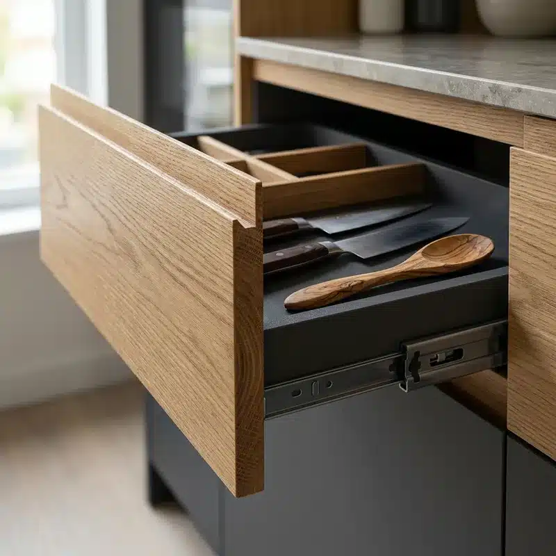 Tiroir de cuisine sur mesure en chêne avec séparateurs et coulisse amortie, jeux constants de 3 mm, réalisé par Excellence Bâti Rénov à Drancy